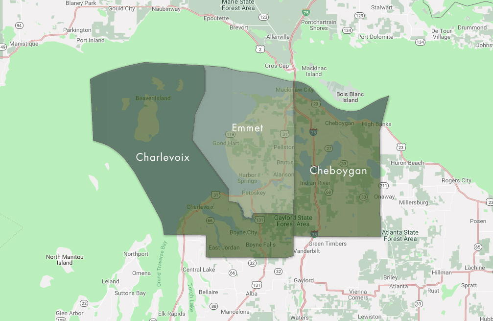 Map of Charlevoix, Emmet and Cheboygan counties
